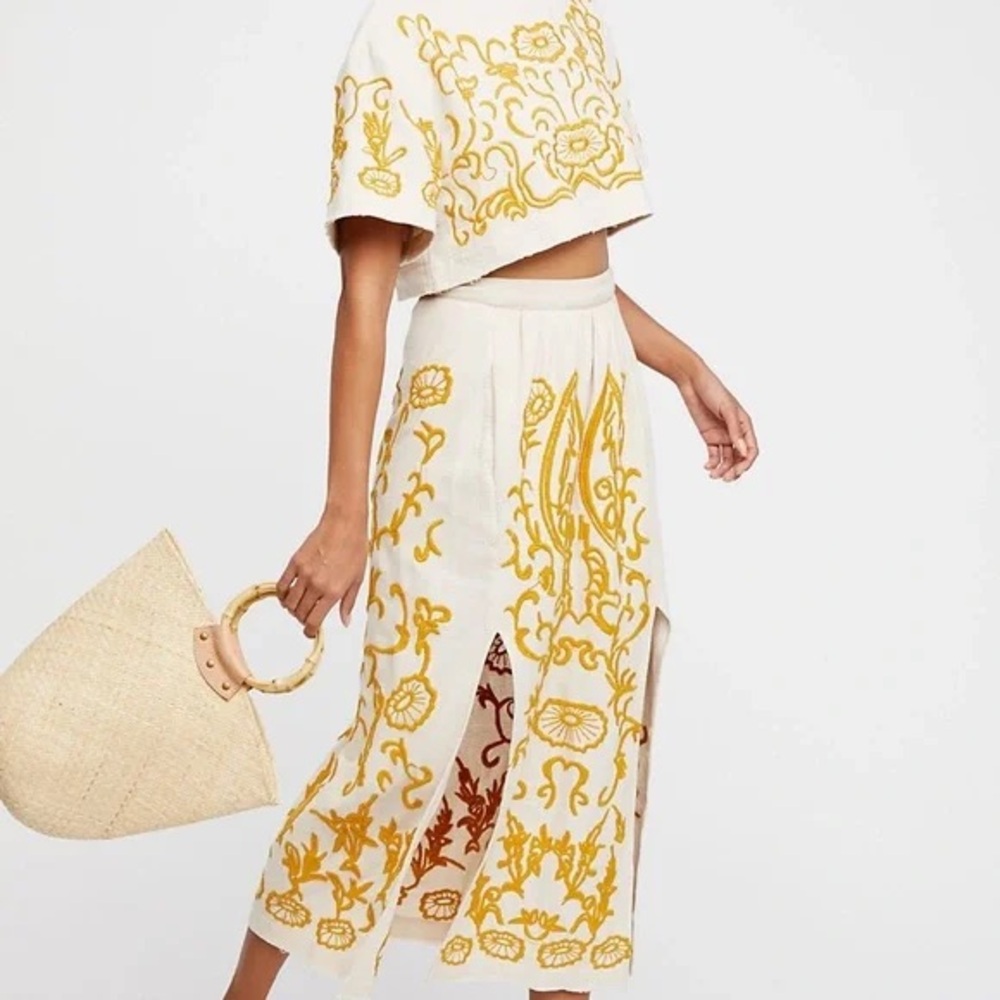 Free People | Cream and Gold Embroidered Midi Skirt